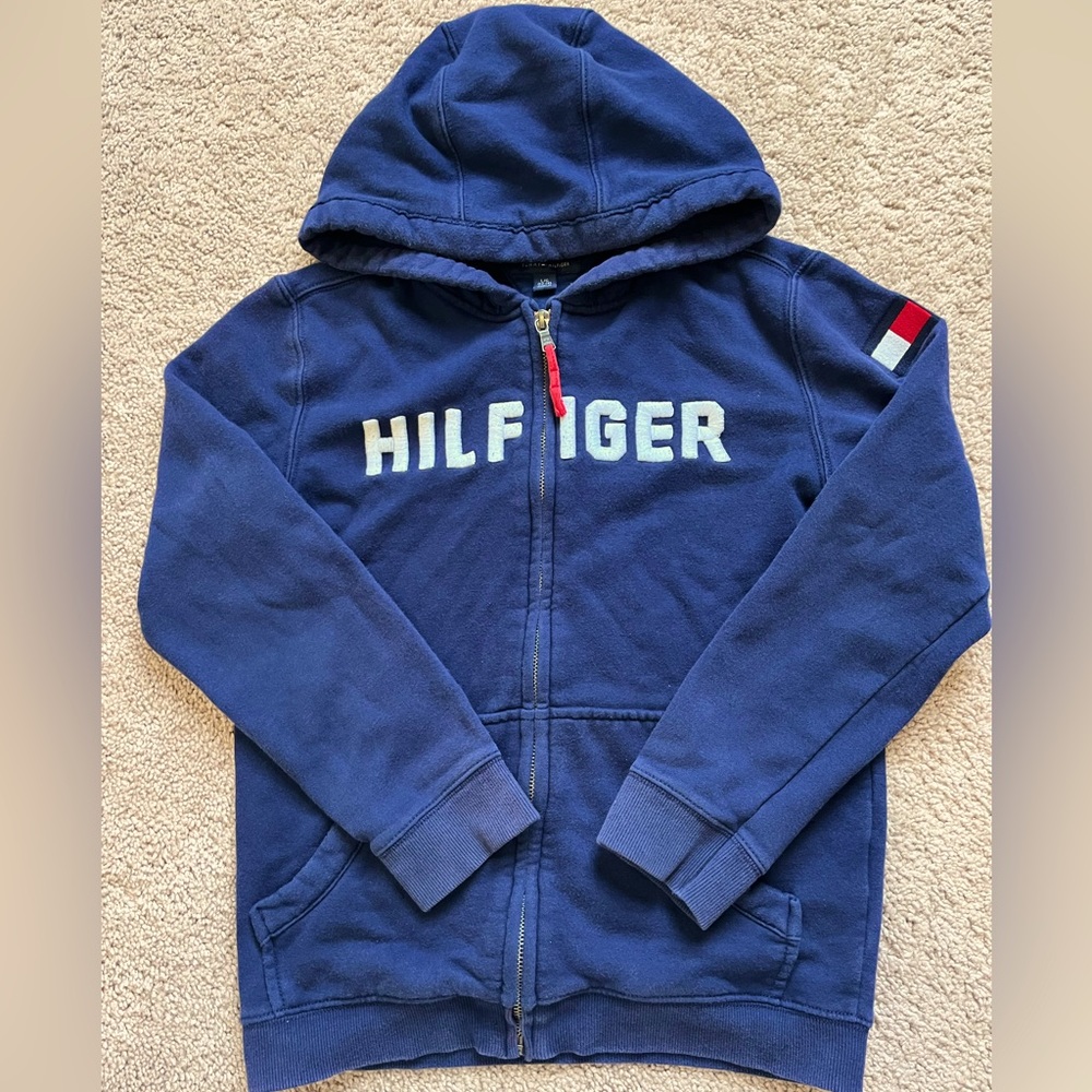 Tommy Hilfiger navy fleece lined boy’s hoodie white name logo size large 12/14